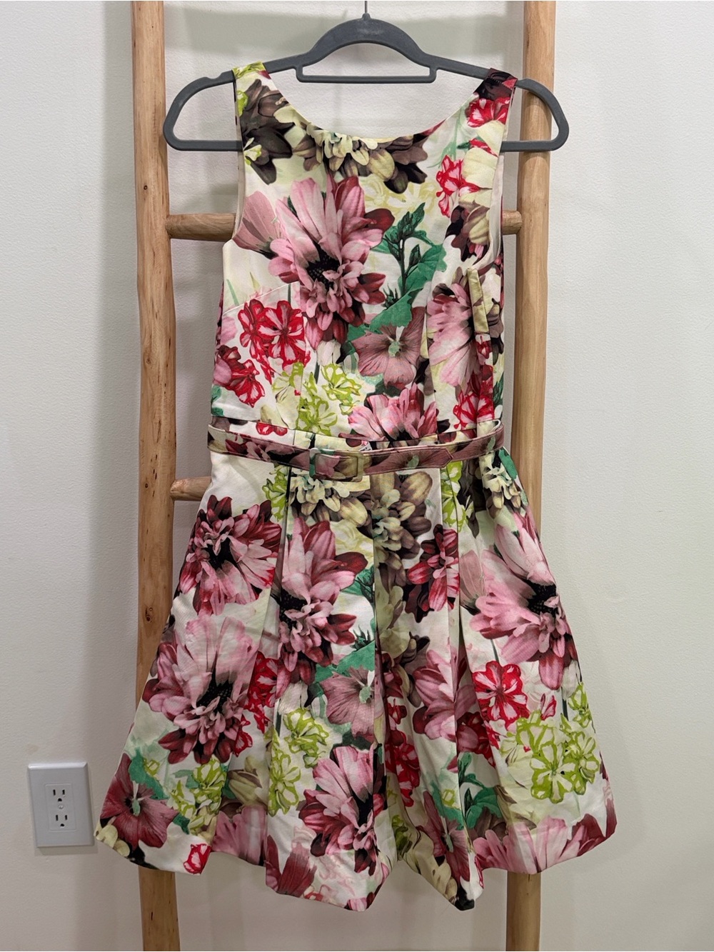 Eliza J Floral Fit-and-Flare Skirted Dress in Pink, Cream, Green